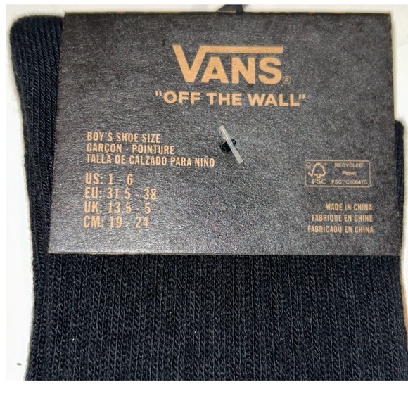Vans Off The Wall Crew Socks 1 Pair Boys 1-6 Black w White Bat Wing & Logo Skate - Picture 3 of 11